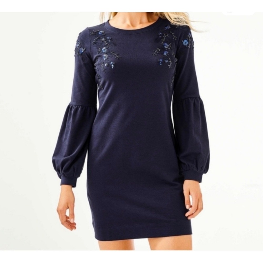 Lilly Pulitzer XL Black Bartlett Sweatshirt Sequin Dress Balloon Sleeve, Resort